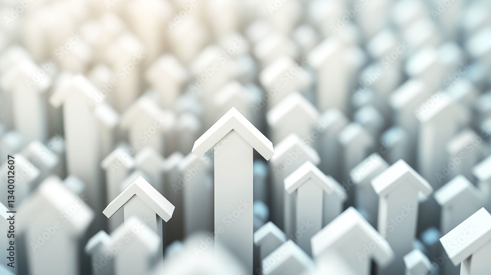 Poster A row of white arrows are lined up in a row, with one arrow pointing up. Concept of progress and upward movement