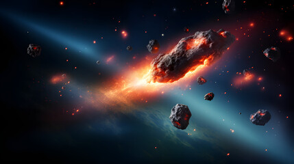 Naklejka premium An enigmatic space scene featuring asteroids floating gracefully in a dark backdrop with high-resolution detail and cosmic ambiance.