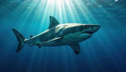 Fototapeta premium Great white shark, sunbeams pierce deep blue water, apex predator, marine, solitary