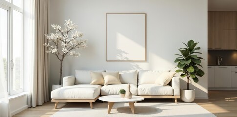 Sleek white tree, gold star, neutral palette living room, white, Scandinavian, clean