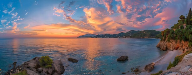 Beautiful Sea Beach at Sunset with Colorful Sky and Mountain Landscape