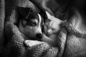 Obraz premium A cozy dog and cat snuggled together under a soft blanket, creating a peaceful scene indoors