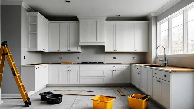 Modern kitchen renovation with unfinished cabinetry and tools