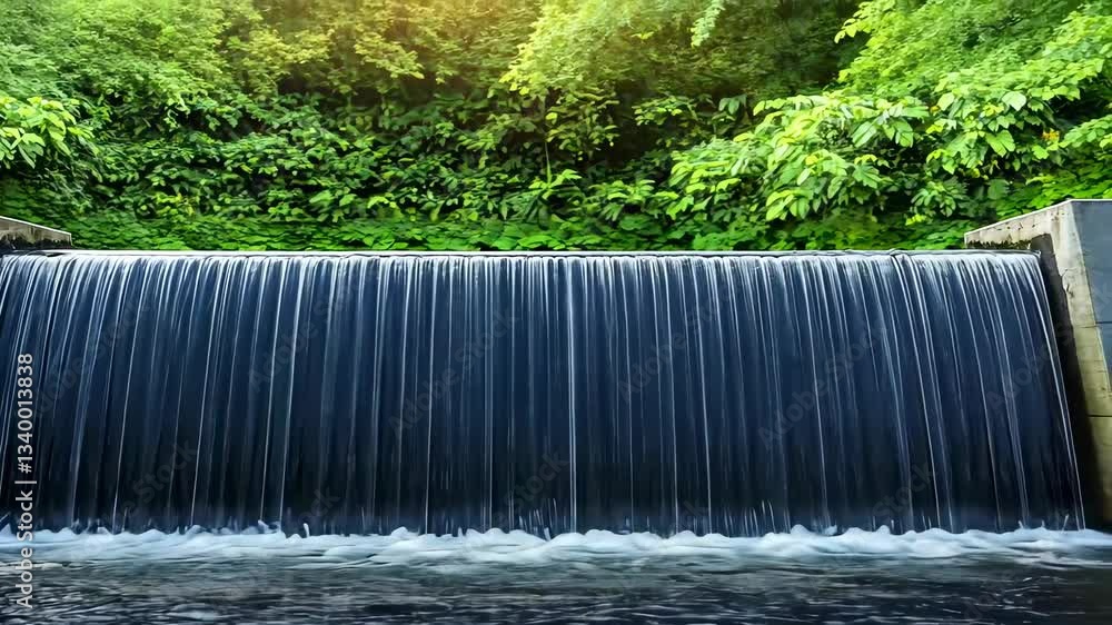 Poster serene waterfall cascading over a stone ledge into a calm pool