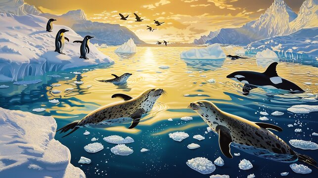 Crystal clear Antarctic ocean with leopard seals emperor penguins orcas krill and icefish frozen icebergs reflecting golden sunlight