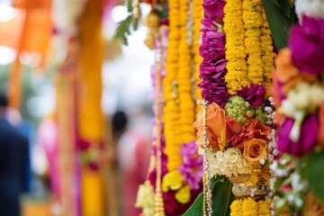 Fototapeta premium Hindu Wedding Ceremony Decorations with Floral Garlands in Bright Colors; Orange, Yellow, Purple