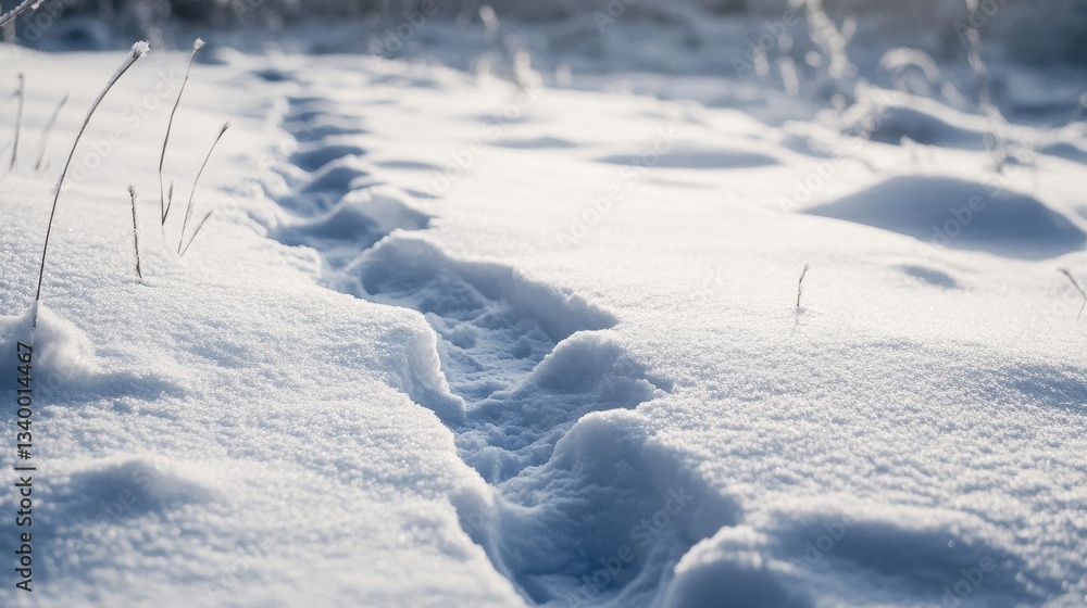 Poster a winter scene showing a path with footprints in fresh snow