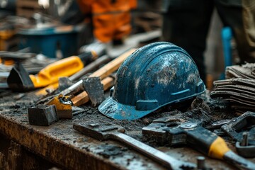 Fototapeta premium Dirty Blue Hard Hat Among Construction Tools on Messy Industrial Workbench