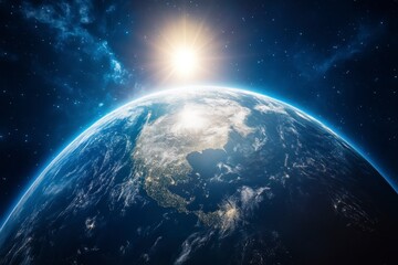 Obraz premium Earth from space, sunrise, glowing atmosphere, city lights at night, cosmos view