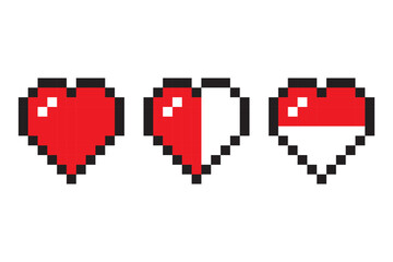 Red pixel hearts. Vector love icons. Mixed fill style. Retro game vibe.