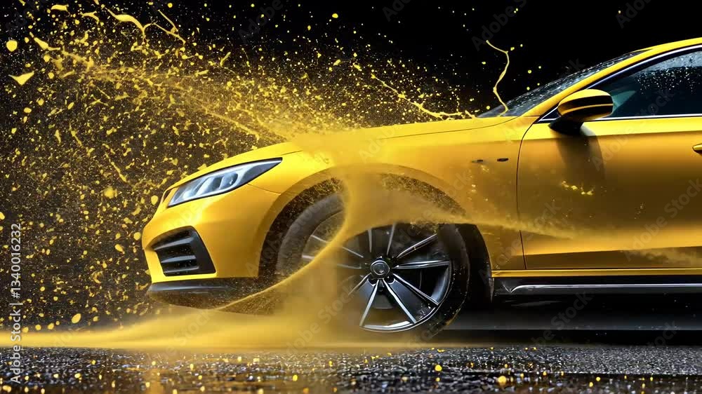 Poster dynamic splash of color from a yellow car tire in wet conditions
