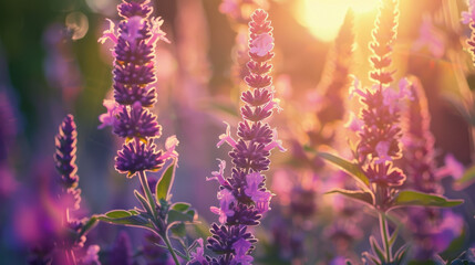 Obraz premium Vibrant purple flowers in sunlit garden create serene atmosphere. soft glow enhances beauty of nature, inviting tranquility