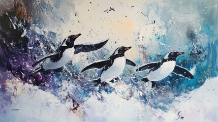 Fototapeta premium Penguins in Dynamic Flight Art