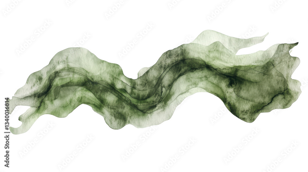 Poster abstract green watercolor stain creating a flowing shape on transparent background