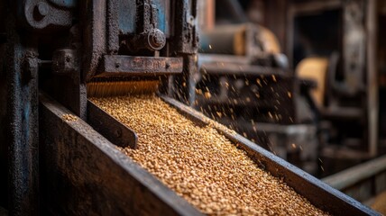 Old Machine Processes Golden Grains Of Wheat