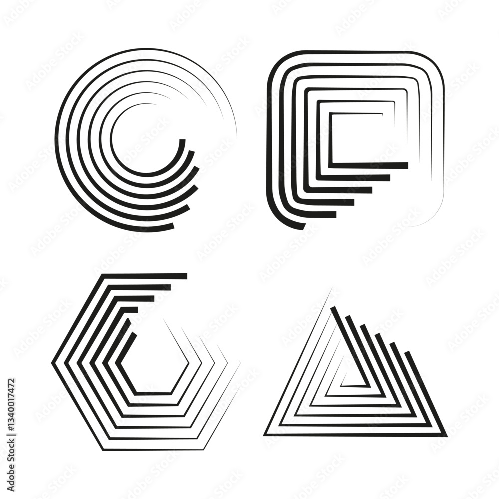 Poster abstract geometric icons. circular and square spirals. triangle and hexagon shapes. vector illustrat