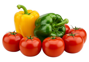Green and yellow peppers bell with tomatoes isolated on white background