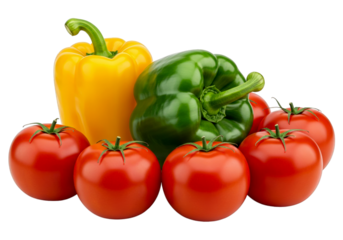 Green and yellow peppers bell with tomatoes isolated on white background