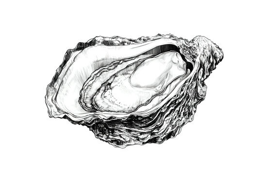 Seafood, oyster. Vintage retro print, black white seafood oyster sketch ink pencil style drawing, linear drawing, engrave old school. Sketch artwork oyster, seafood. Illustration