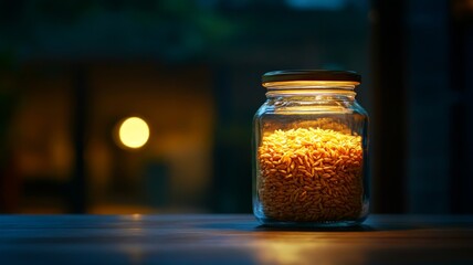 Glass Jar Filled With Golden Wheat Grains
