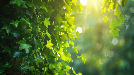 Obraz premium Lush green ivy leaves basking in sunlight create serene atmosphere