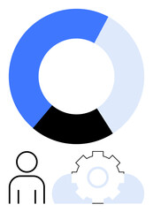 Circular pie chart with three segments above stylized person and gear icons symbolizing collaboration, data interpretation, and system improvement. Ideal for analytics, teamwork, planning, research
