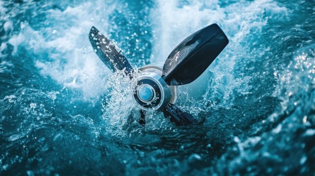 A marine propeller turning quickly underwater creating foamy splashes