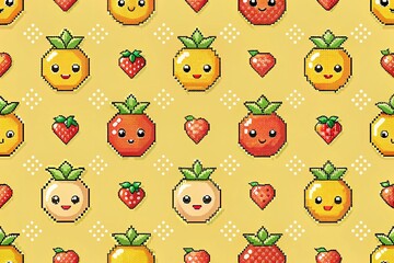 Naklejka premium Cute Pixel Art Fruit Cartoon Characters Pattern, Yellow Background, Low Light Photography Style