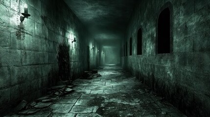 Dark, eerie, stone hallway.  Dimly lit passageway with aged, decaying walls