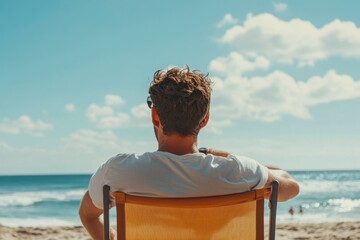 Fototapeta premium Man Relaxing in Beach Chair Overlooking the Ocean on Summer Vacation Day
