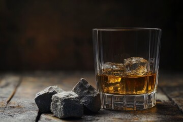 Whiskey on the Rocks with Chilled Stones, Glass of Liquor and Cubes on Wooden Table