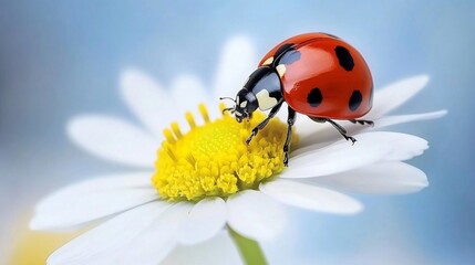 Obraz premium Ladybug Exploring Daisy Flower in a Garden with Macro Close-up