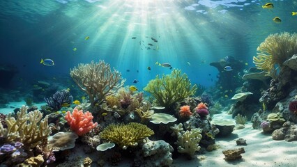 Fototapeta premium Underwater scene featuring vibrant coral reefs and marine flora in shades of green and blue.
