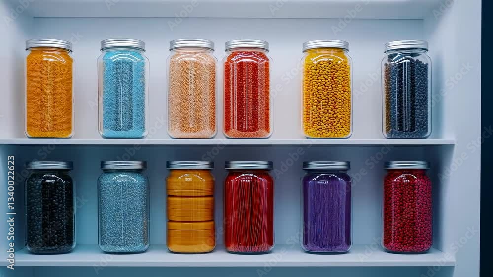 Poster Colorful jars of assorted crafting materials displayed on a shelf