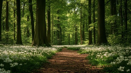 Fototapeta premium Forest Path Leading Through Wildflowers and Trees with Lush Green Foliage