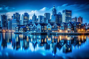 Fototapeta premium Dark Blue City Skyline Reflection, Blue Houses, Night Cityscape, Urban Architecture, Water Reflection