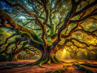 Naklejka premium Dark Forest, Ancient Oak Trees, Low Light, Classical Painting, Mossy Branches