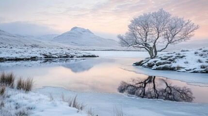 A frosted tree and snow covered landscape reflect in water