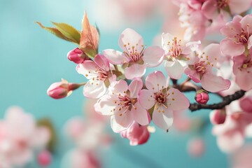 Naklejka premium Close-up of Beautiful Pink Cherry Blossoms Blooming on Branch Against a Soft Blue Background in Spring