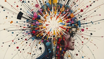 An abstract composition with dynamic lines, fragmented shapes, and distorted perspectives in a vibrant color palette. A visual representation of inner turmoil, chaos, and mental distress.