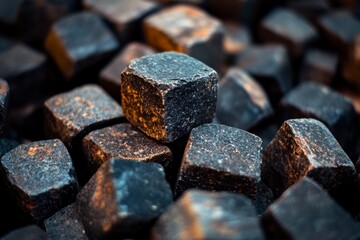 Rough Dark Cube Aggregate - Angular Stone Pieces with Grainy Texture in Abstract Formations