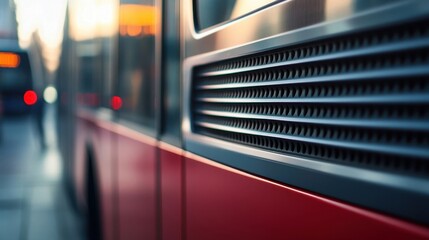 A red bus exterior with detailed ventilation panel and window