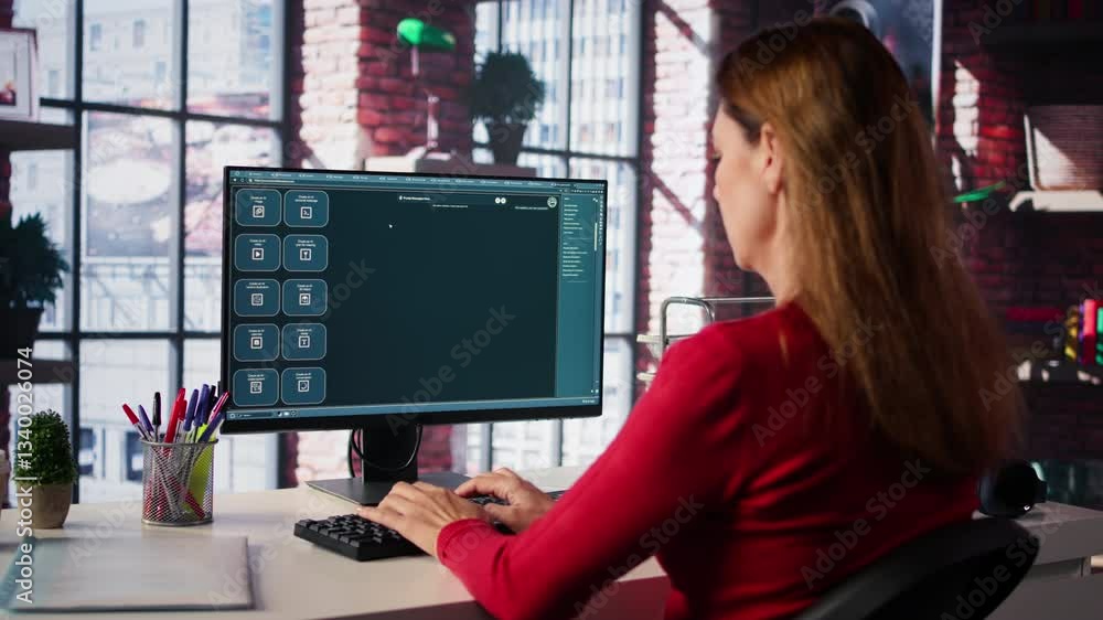 Poster focused woman working with an ai chatbot on her desktop computer, offering real time assistance and 