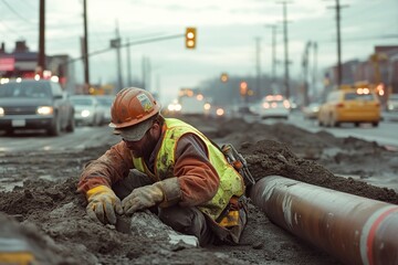 Obraz premium Worker Repairs Damaged Pipes Underground During Road Construction in City