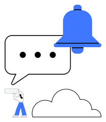 Bell symbolizing alert by a speech bubble, cloud, and tiny figure holding notification. Ideal for communication, announcement, synchronization, alarm, alert system, cloud storage flat simple