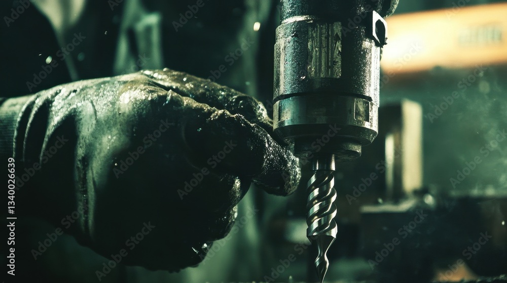 Poster a worker using a drill with protective gloves in a workshop