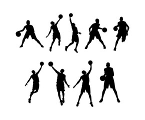 Set of sporty men silhouettes workout playing basketball, hobbies and leisure