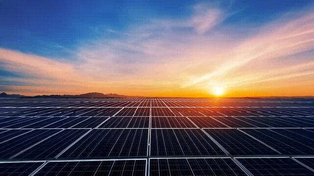 solar panels under a vibrant sunset with vast landscape