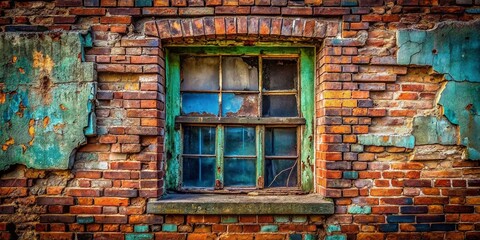 Decaying Brick Wall with Old Broken Window - Vintage Architectural Detail Stock Photo