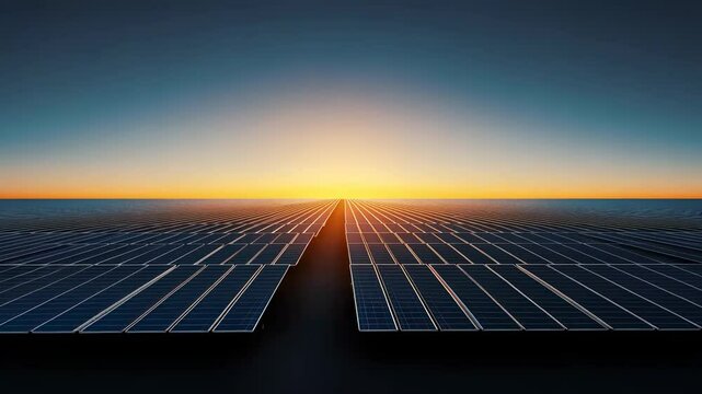 Vast solar panel field at sunset